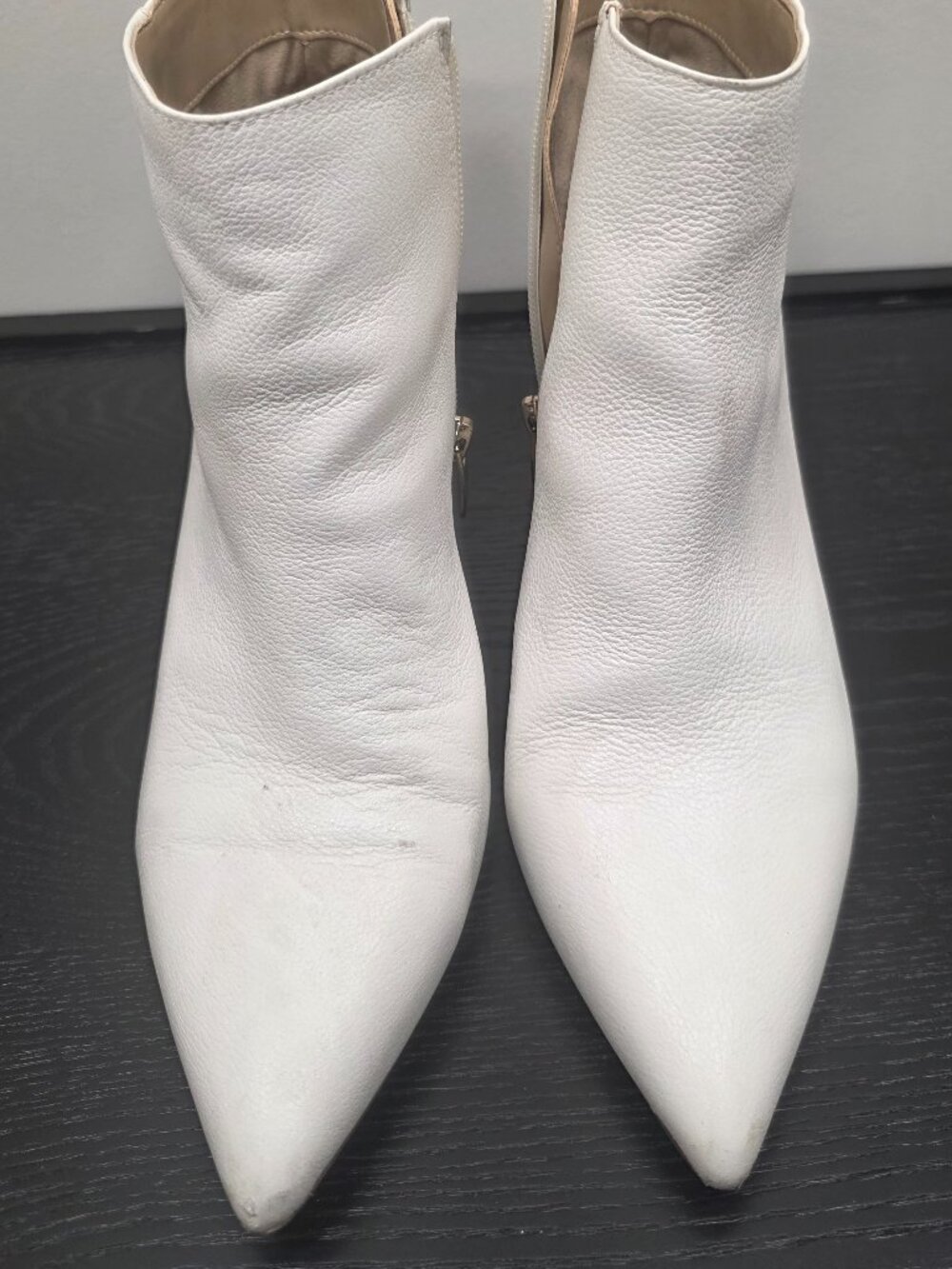 White Leather Pointed Toe Ankle Booties | Size 7